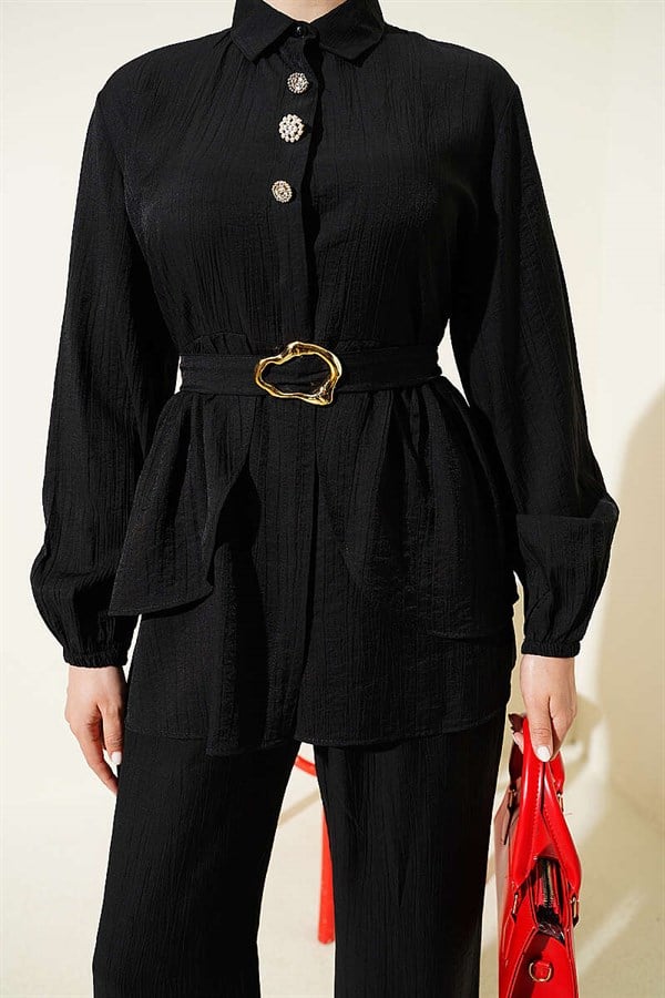 Hidden Button Belted Tunic 2 Piece Set Black