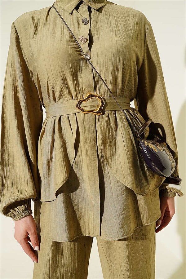 Hidden Button Belted Tunic 2 Piece Set, Light Green