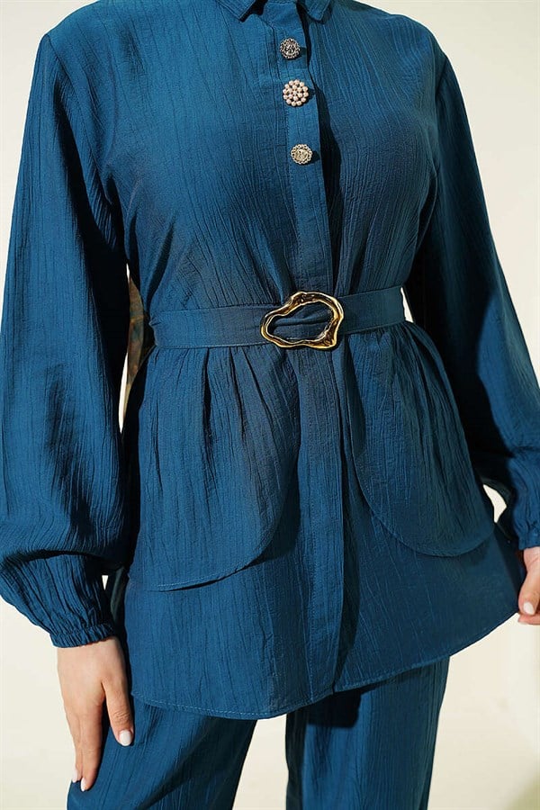 Hidden Button Belted Tunic 2 Piece Set in Petrol