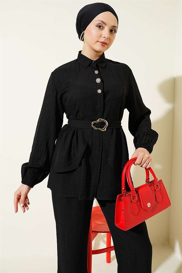 Hidden Button Belted Tunic 2 Piece Set Black