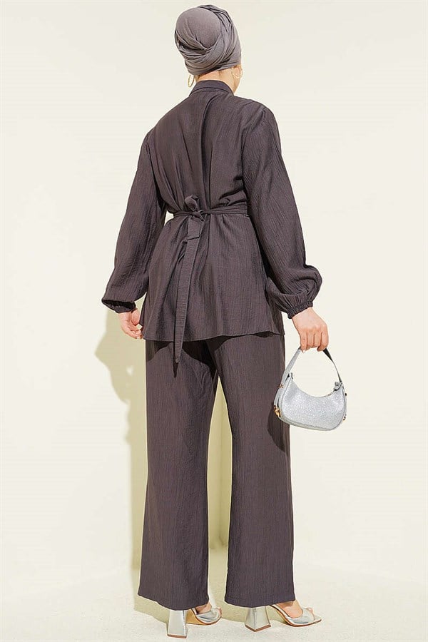 Hidden Button Belted Tunic 2 Piece Set, Smoke Grey
