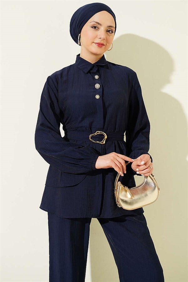 Hidden Button Belted Tunic 2 Piece Set Navy Blue