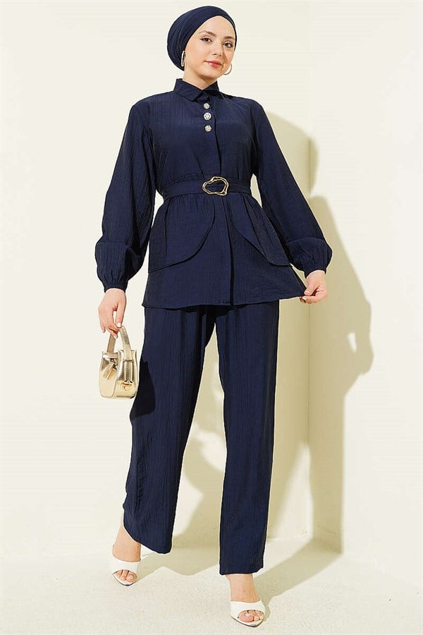 Hidden Button Belted Tunic 2 Piece Set Navy Blue