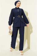 Hidden Button Belted Tunic 2 Piece Set Navy Blue