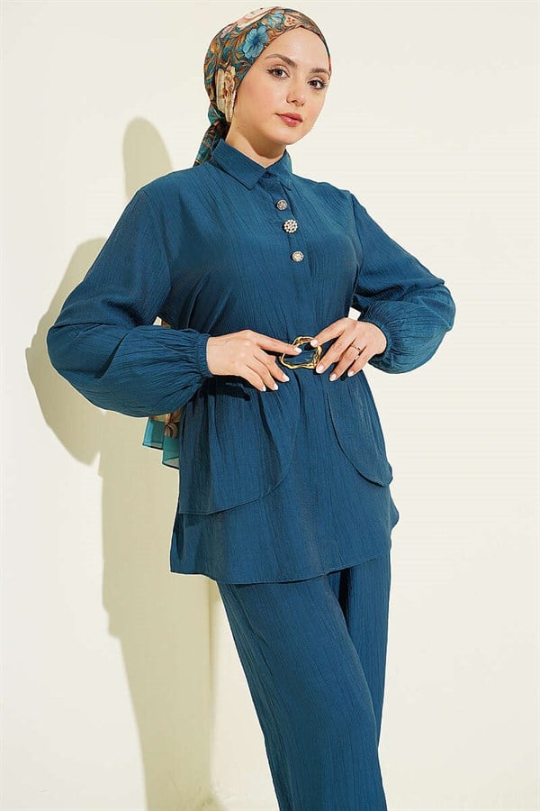 Hidden Button Belted Tunic 2 Piece Set in Petrol