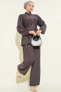 Hidden Button Belted Tunic 2 Piece Set, Smoke Grey