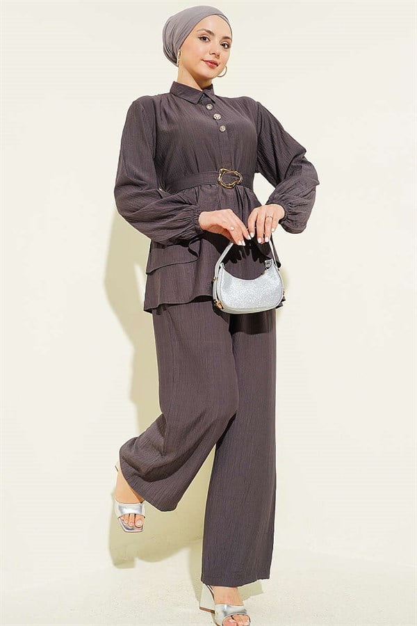 Hidden Button Belted Tunic 2 Piece Set, Smoke Grey