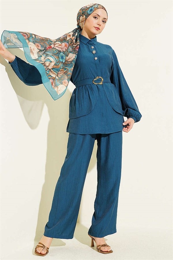 Hidden Button Belted Tunic 2 Piece Set in Petrol