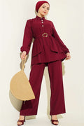 Hidden Button Belted Tunic 2 Piece Set in Burgundy