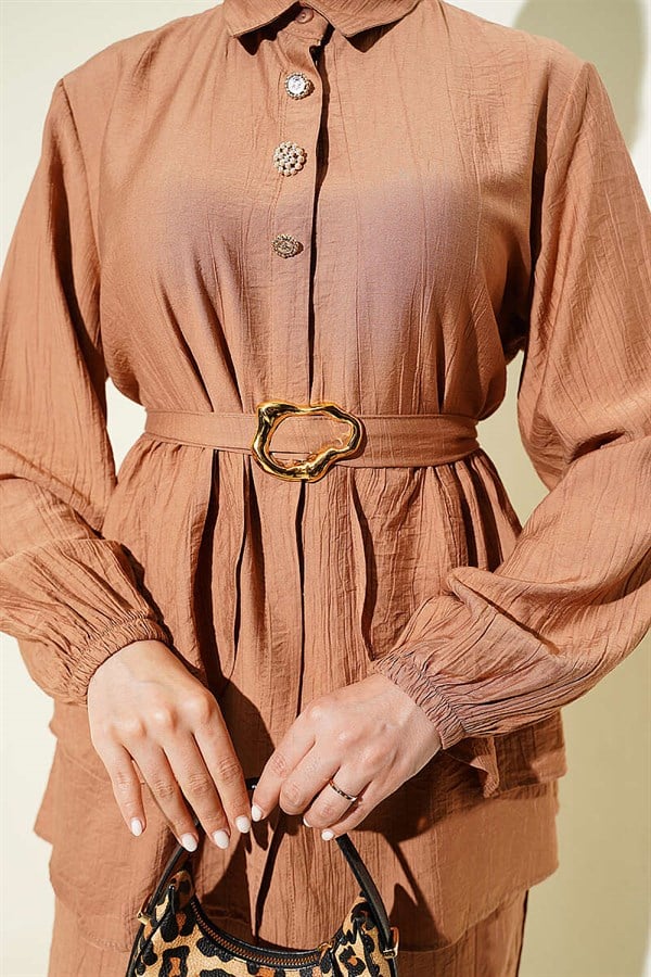 Latte Two-Piece Tunic Set with Hidden Buttons and Belt