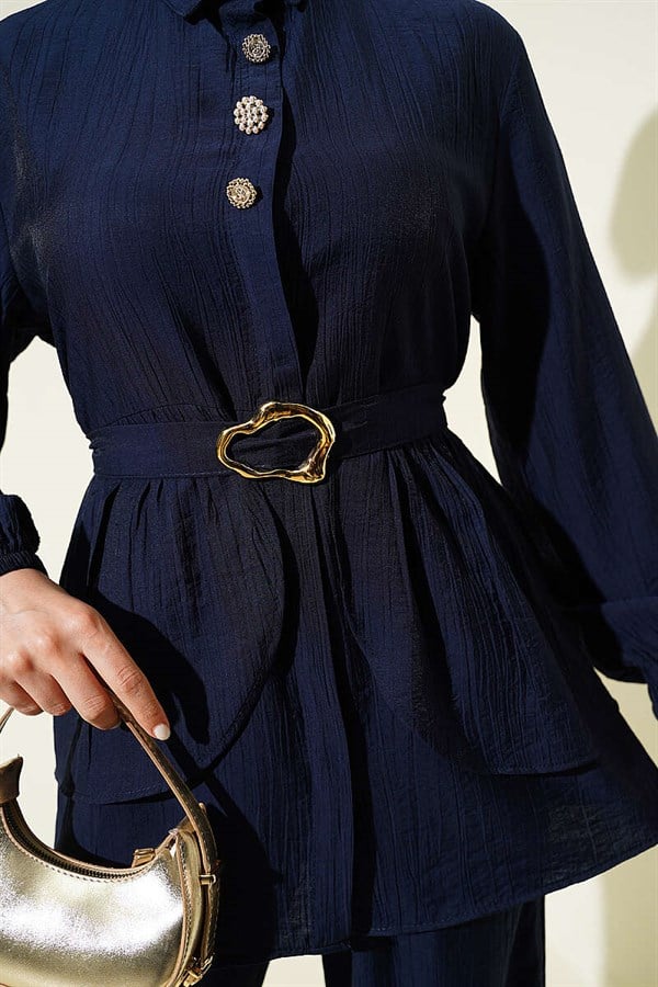 Hidden Button Belted Tunic 2 Piece Set Navy Blue