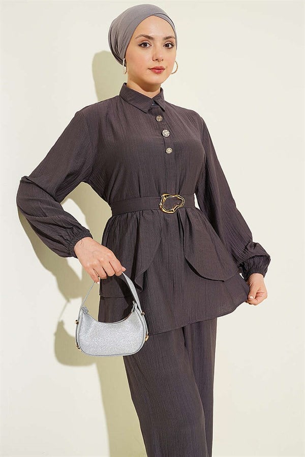 Hidden Button Belted Tunic 2 Piece Set, Smoke Grey