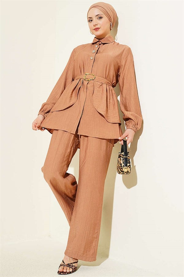 Latte Two-Piece Tunic Set with Hidden Buttons and Belt
