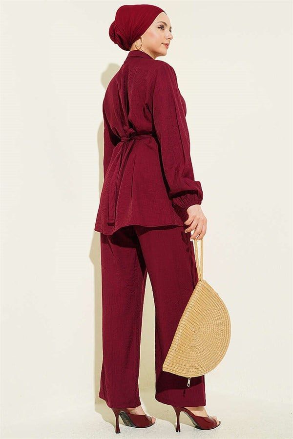 Hidden Button Belted Tunic 2 Piece Set in Burgundy