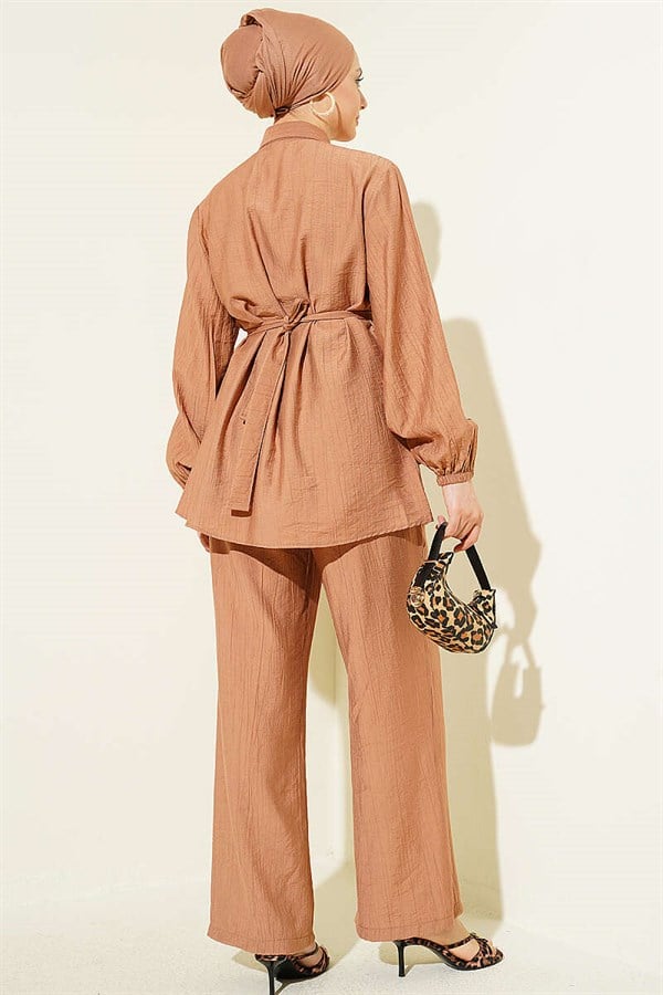 Latte Two-Piece Tunic Set with Hidden Buttons and Belt
