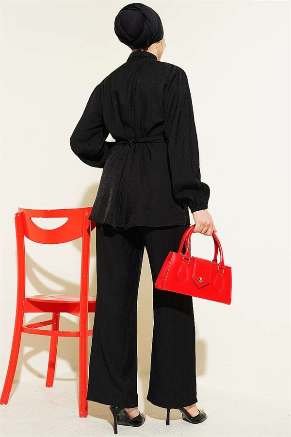 Hidden Button Belted Tunic 2 Piece Set Black