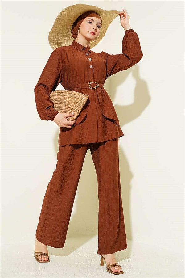 Hidden Button Belted Tunic 2 Piece Set in Brown