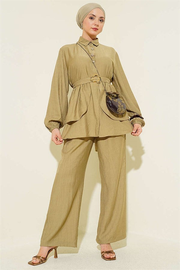 Hidden Button Belted Tunic 2 Piece Set, Light Green