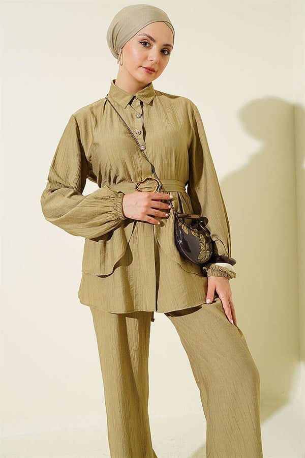 Hidden Button Belted Tunic 2 Piece Set, Light Green
