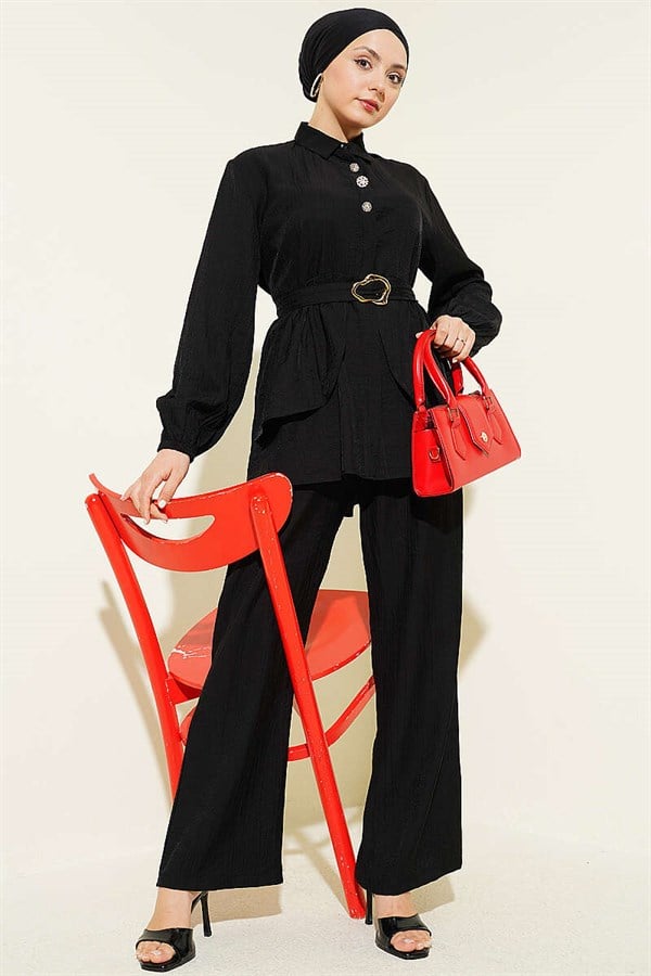 Hidden Button Belted Tunic 2 Piece Set Black