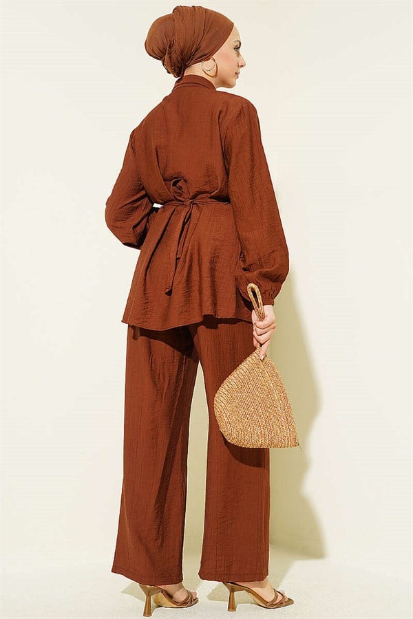Hidden Button Belted Tunic 2 Piece Set in Brown
