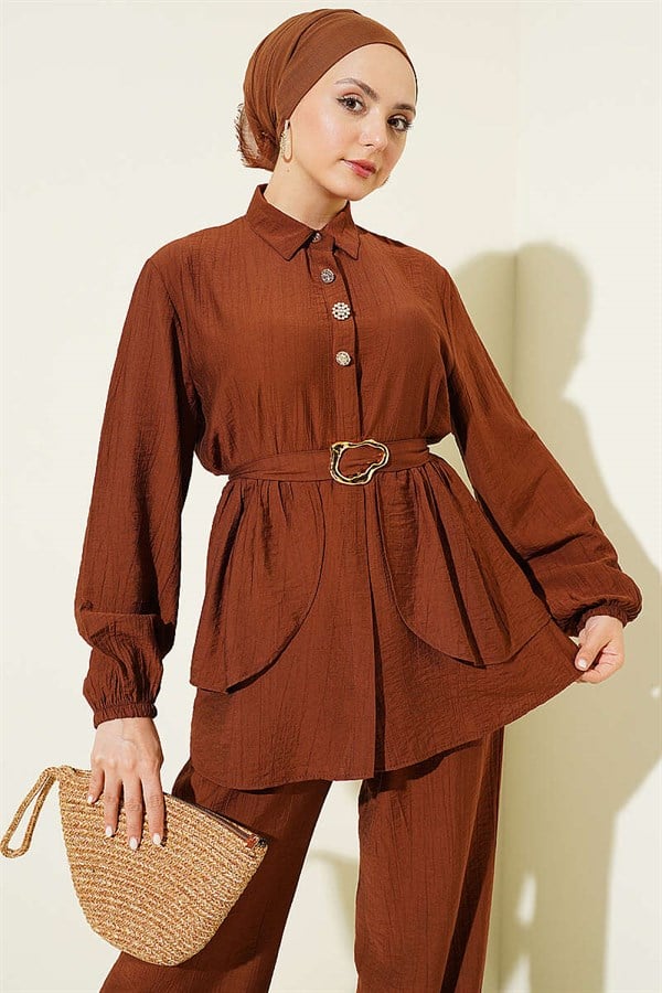Hidden Button Belted Tunic 2 Piece Set in Brown