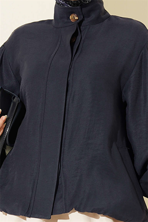 Navy Modal Bomber Jacket with Concealed Buttons