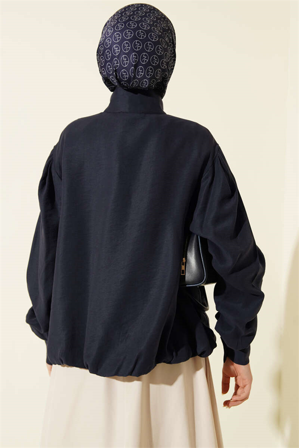 Navy Modal Bomber Jacket with Concealed Buttons