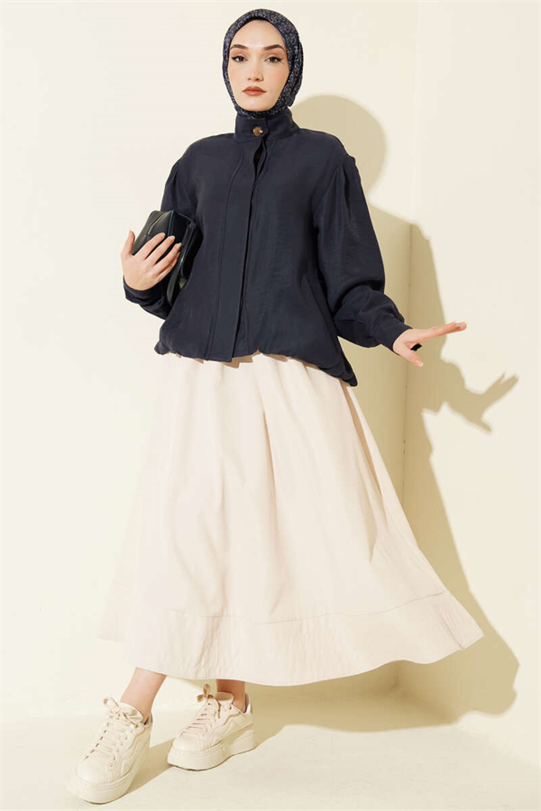 Navy Modal Bomber Jacket with Concealed Buttons