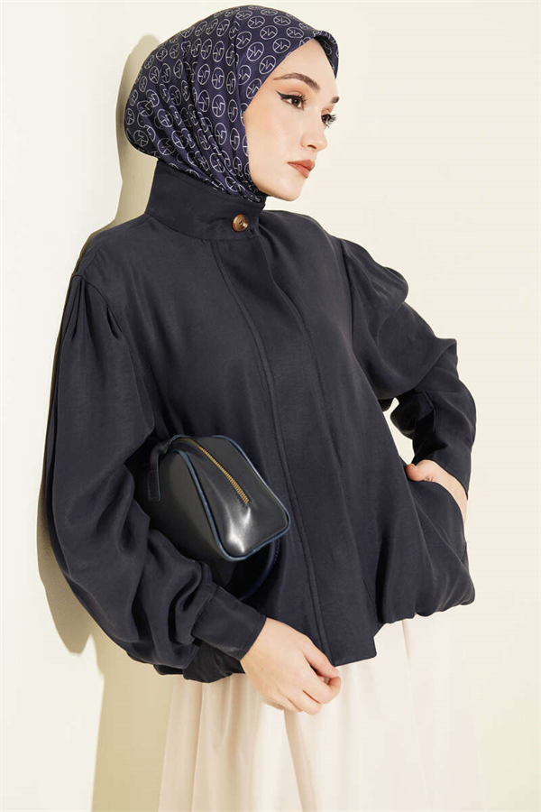 Navy Modal Bomber Jacket with Concealed Buttons
