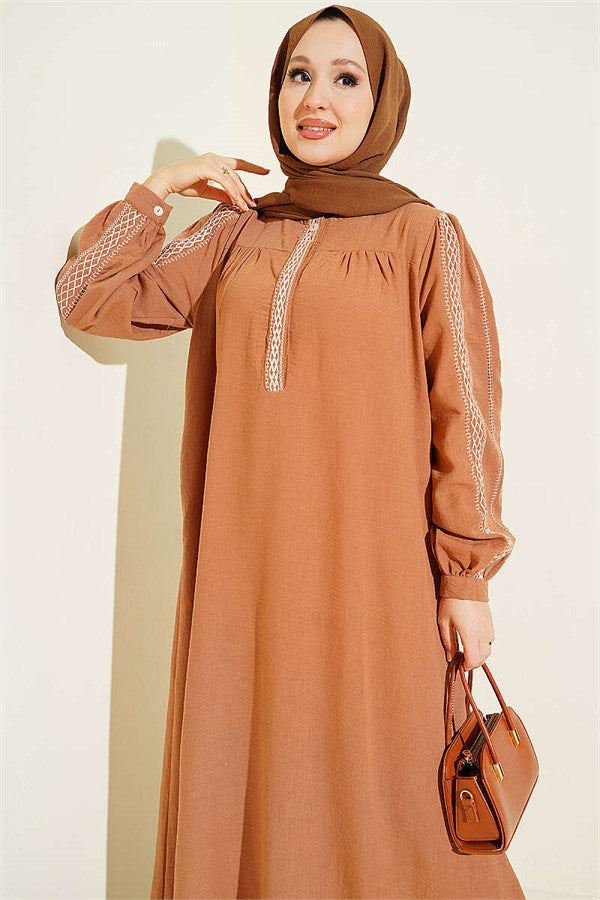 Embroidered Dress with Hidden Buttons Latte