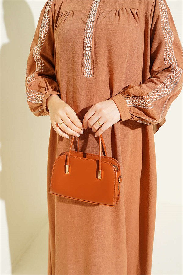 Embroidered Dress with Hidden Buttons Latte