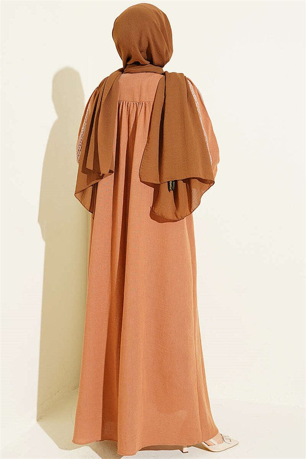 Embroidered Dress with Hidden Buttons Latte