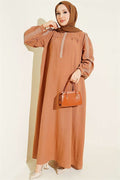 Embroidered Dress with Hidden Buttons Latte