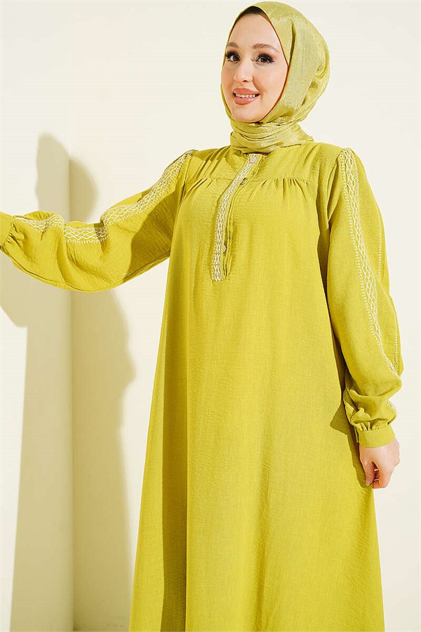 Embroidered Dress with Hidden Buttons, Olive Green