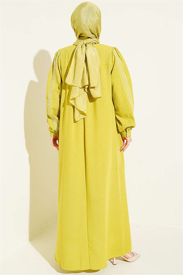Embroidered Dress with Hidden Buttons, Olive Green