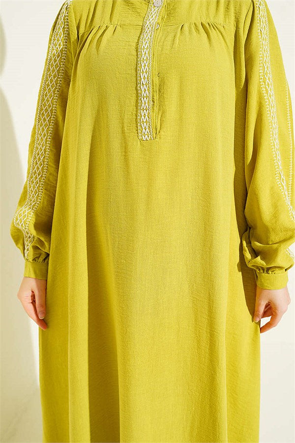 Embroidered Dress with Hidden Buttons, Olive Green