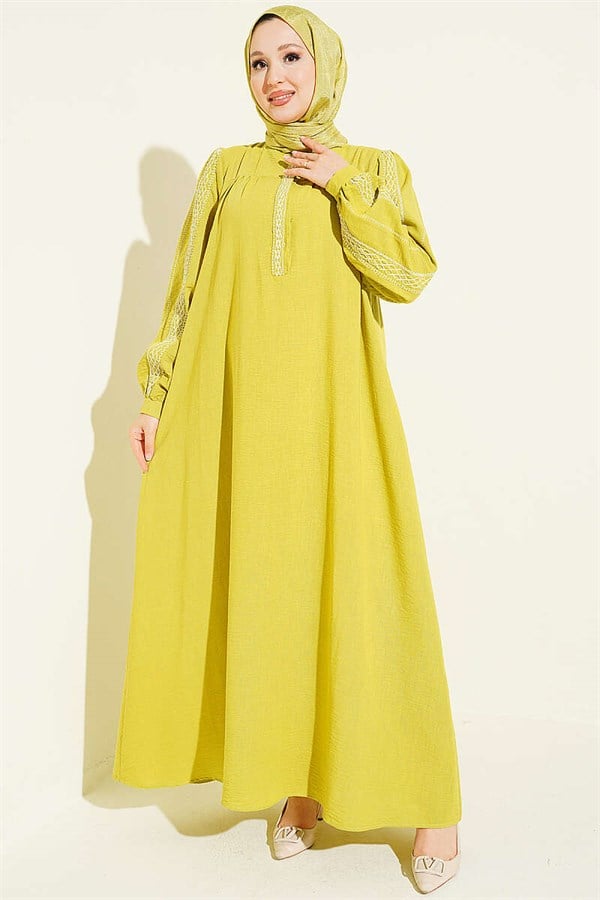 Embroidered Dress with Hidden Buttons, Olive Green