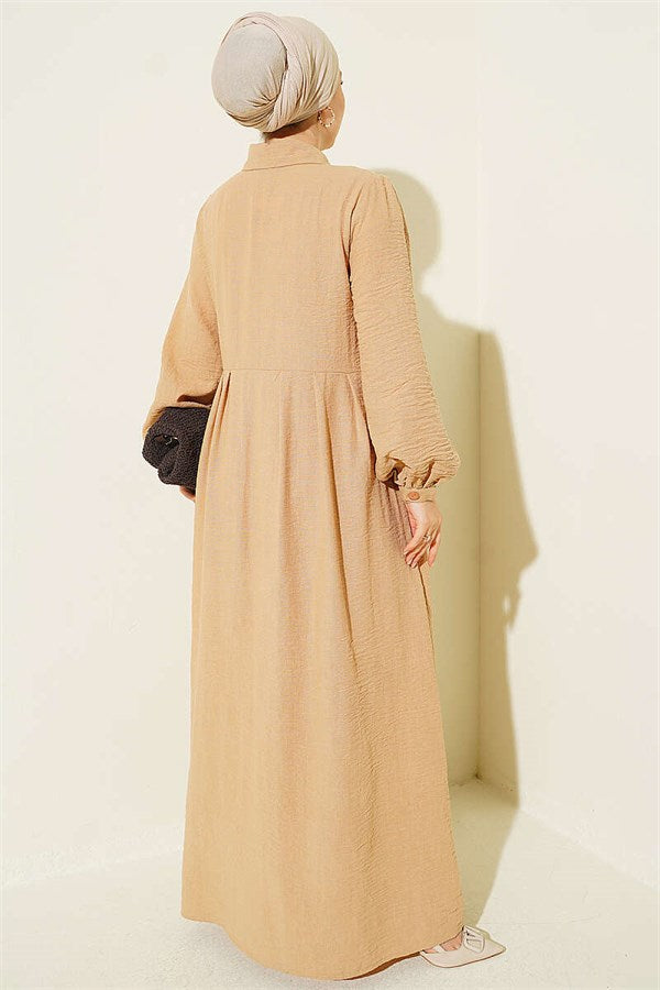 Ribbed Dress with Hidden Buttons, Beige