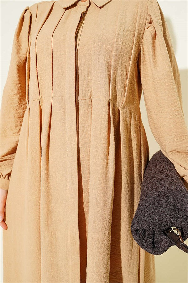 Ribbed Dress with Hidden Buttons, Beige