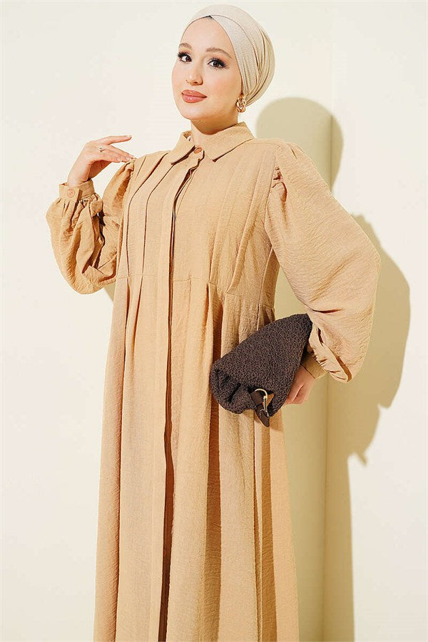 Ribbed Dress with Hidden Buttons, Beige