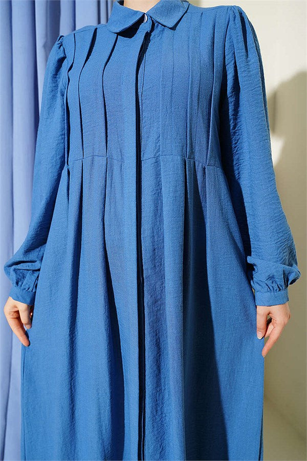 Concealed Button Ribbed Dress Blue