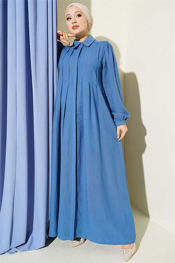 Concealed Button Ribbed Dress Blue