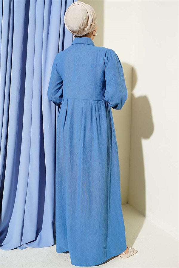 Concealed Button Ribbed Dress Blue