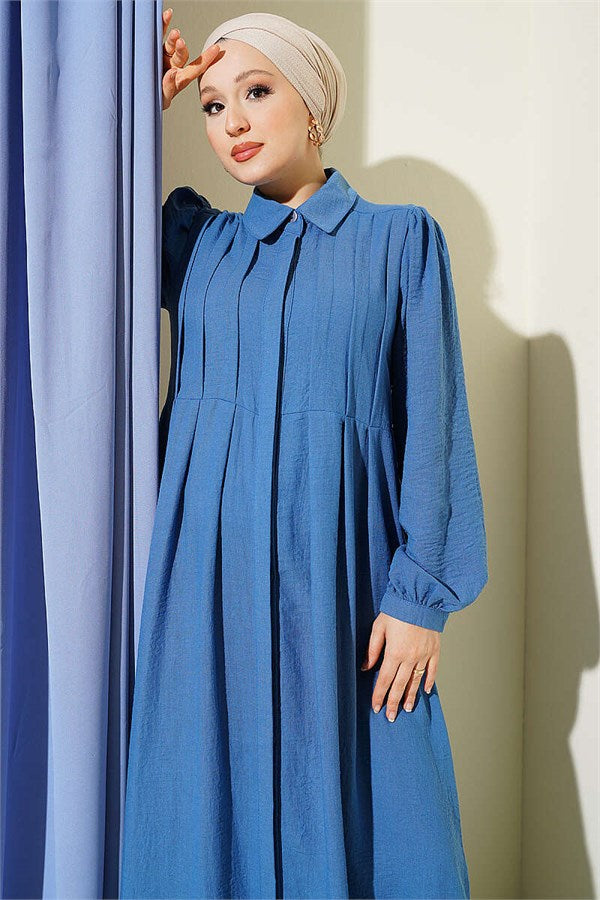Concealed Button Ribbed Dress Blue