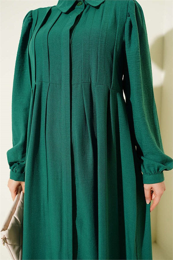 Ribbed Dress with Concealed Buttons, Emerald Green