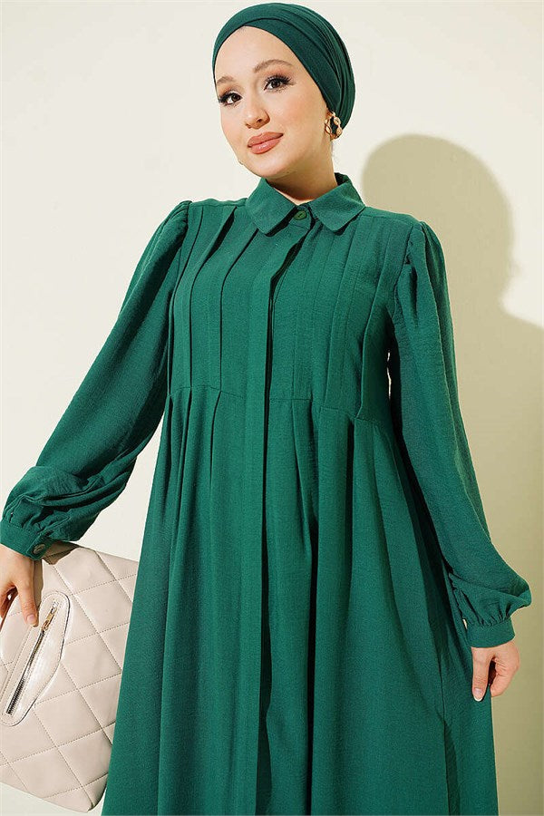 Ribbed Dress with Concealed Buttons, Emerald Green