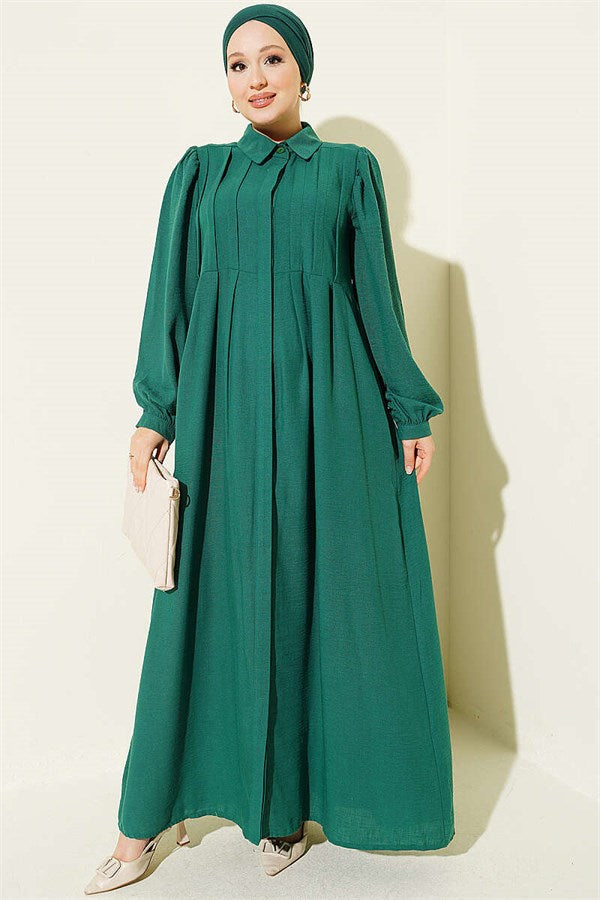 Ribbed Dress with Concealed Buttons, Emerald Green