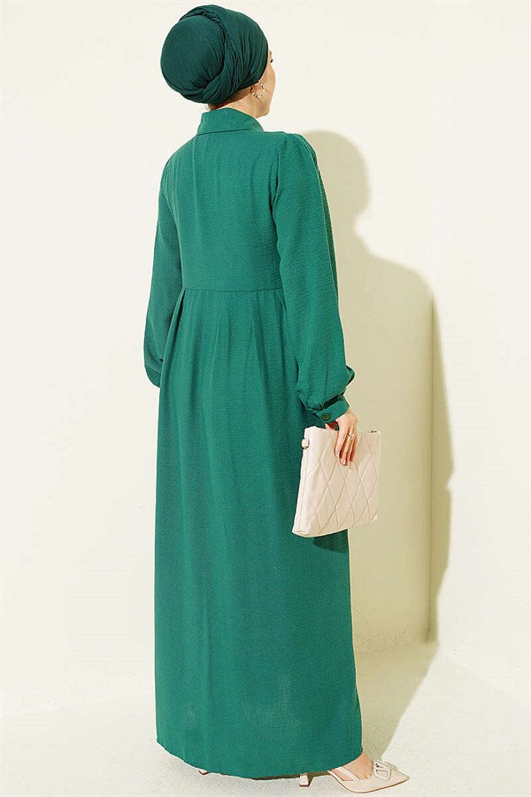 Ribbed Dress with Concealed Buttons, Emerald Green