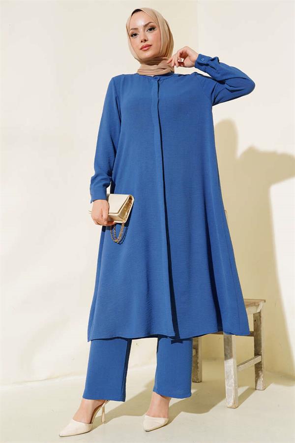 Hidden Buttoned Casual 2 Piece Set Indigo